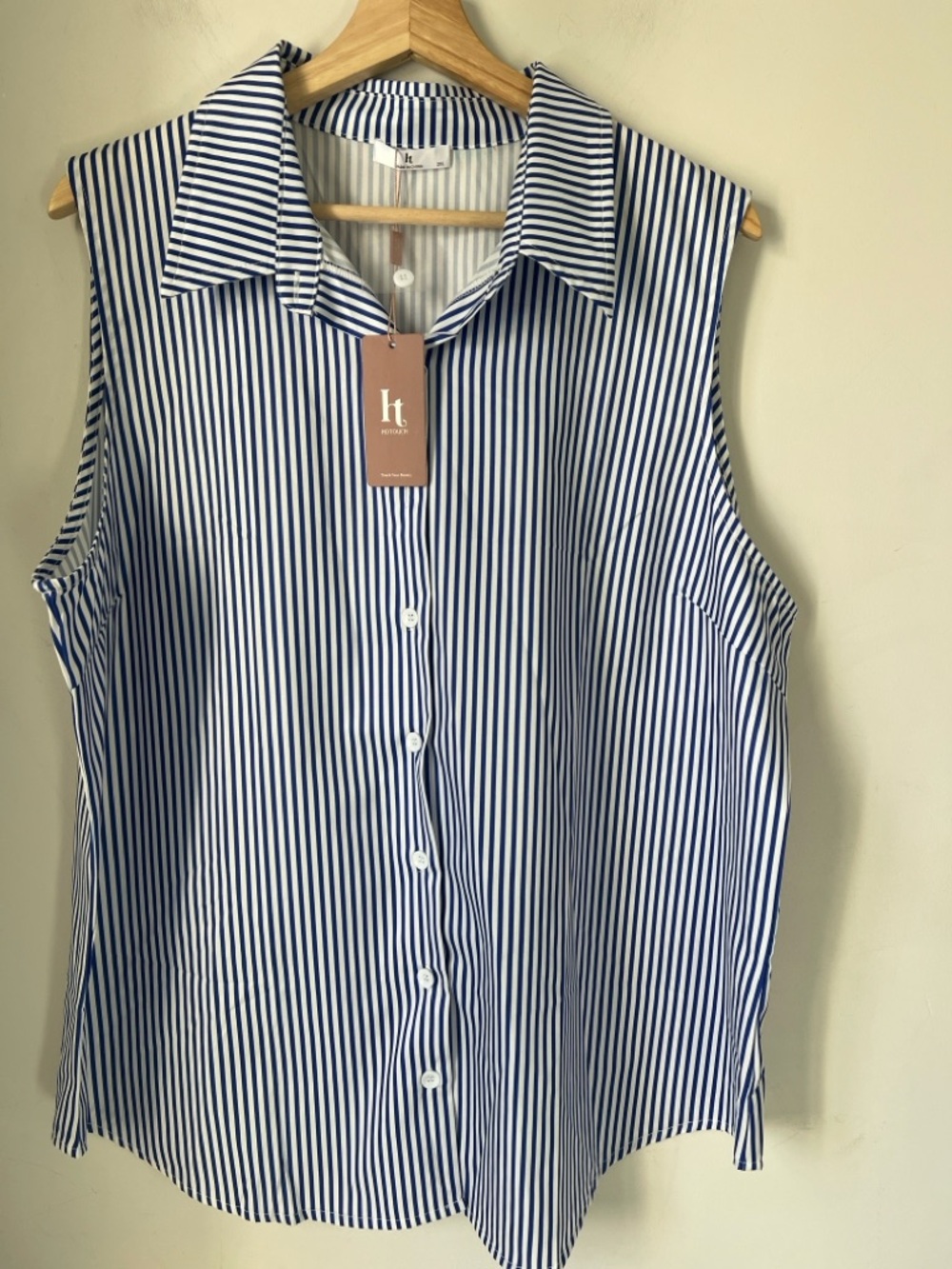 Sleeveless Blue & White Stripe Button-Down Shirt
